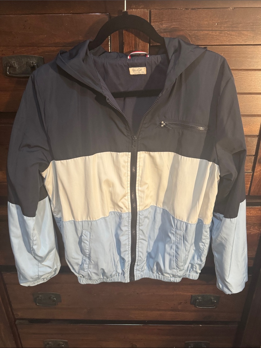 Lightweight John Galt Colorblock Hooded Windbreaker - Navy, Cream & Light Blue